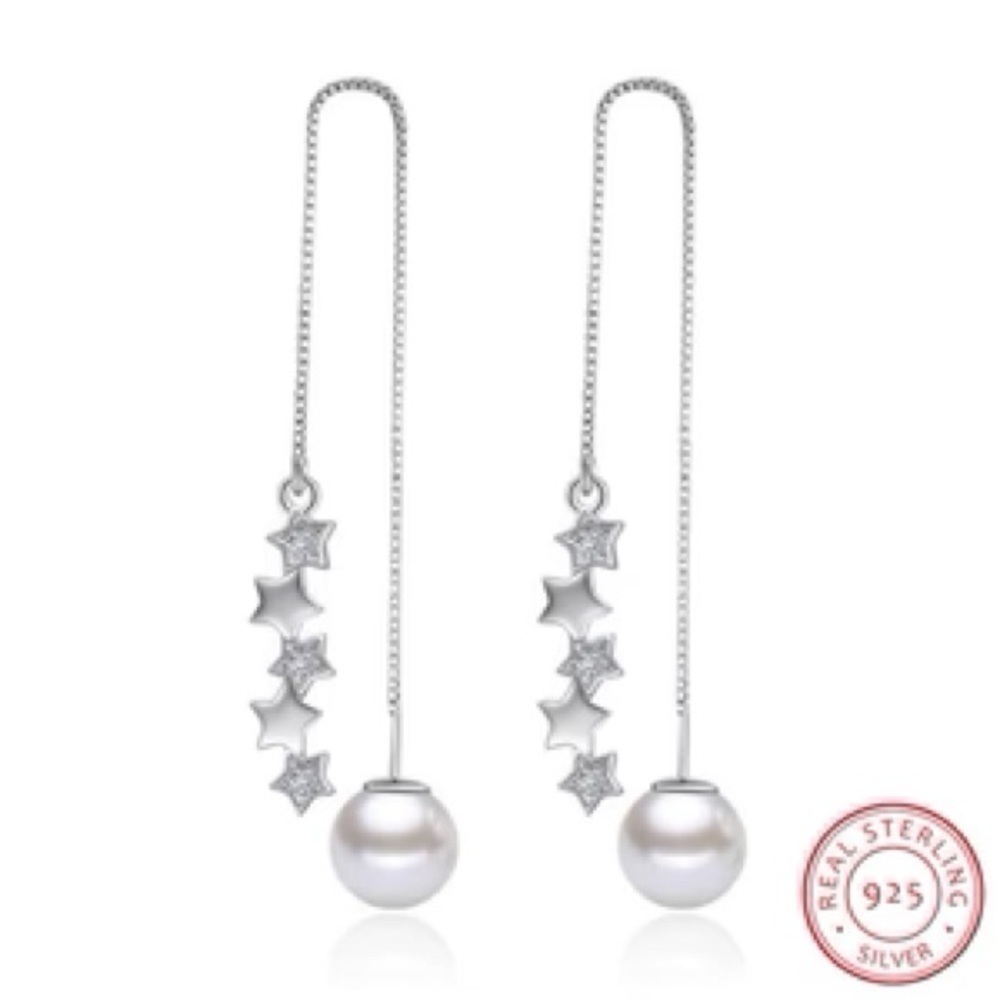 925 Sterling Silver Star and Simulated Pear Dangle Earrings
